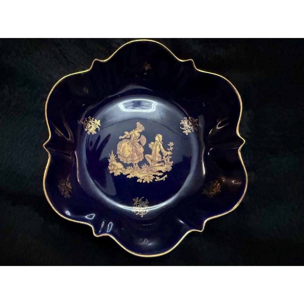 Vintage Limoges France Cobalt Blue Gold Fragonard Courting Couple Porcelain Bowl